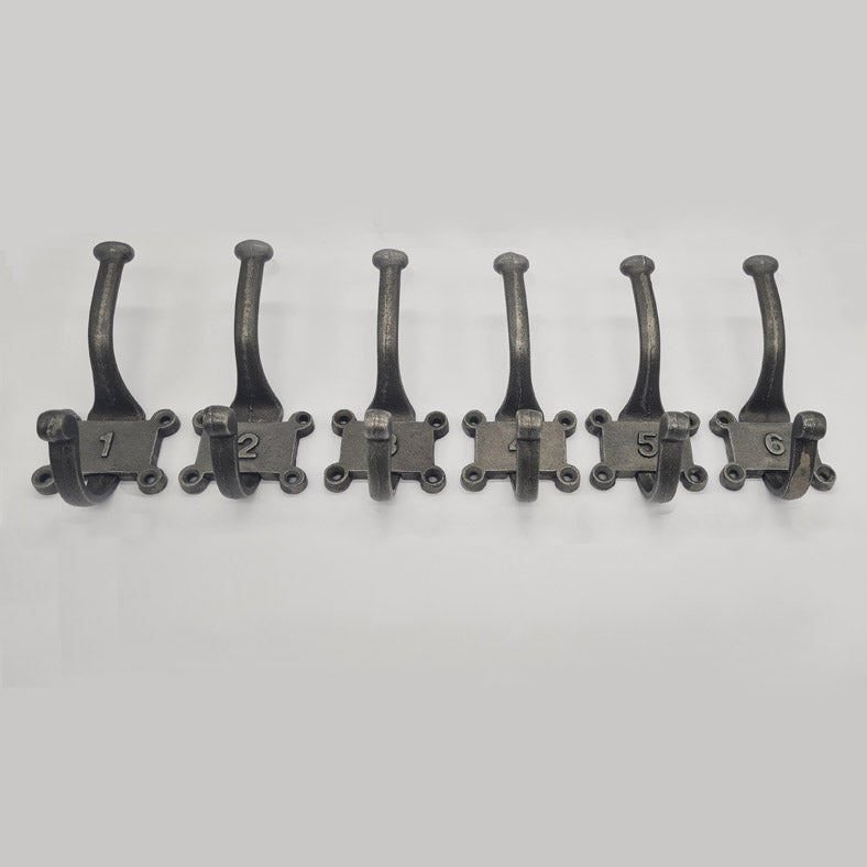 Pack of Six Cast Iron Coat Hooks Numbered 1 to 6