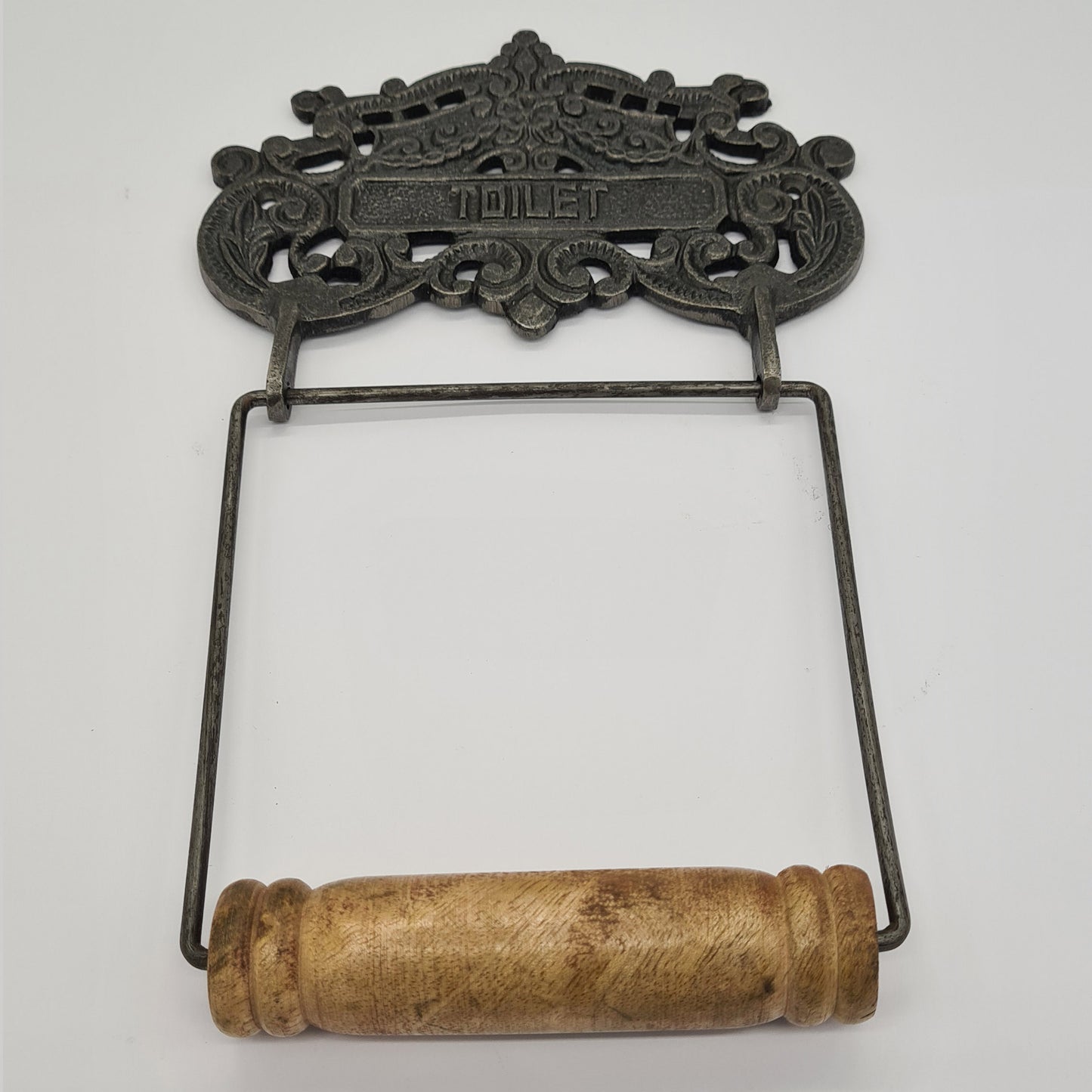Antique Iron Toilet Roll Holder Fancy Wire and Wood