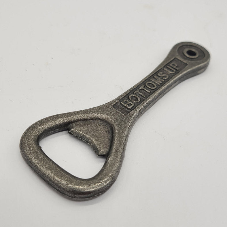 Hand Held Bottle Opener Antique Style Cast Iron BOTTOMS UP