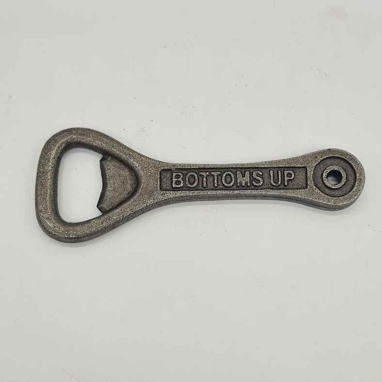 Hand Held Bottle Opener Antique Style Cast Iron BOTTOMS UP