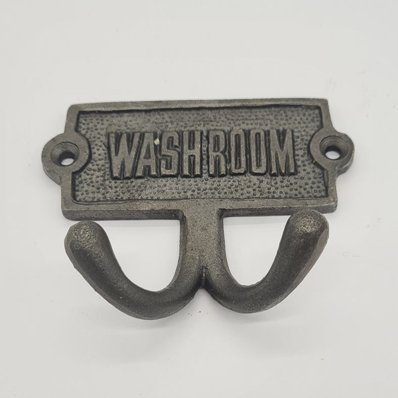 Wall / Door Plaque with WASHROOM text and Robe Hooks